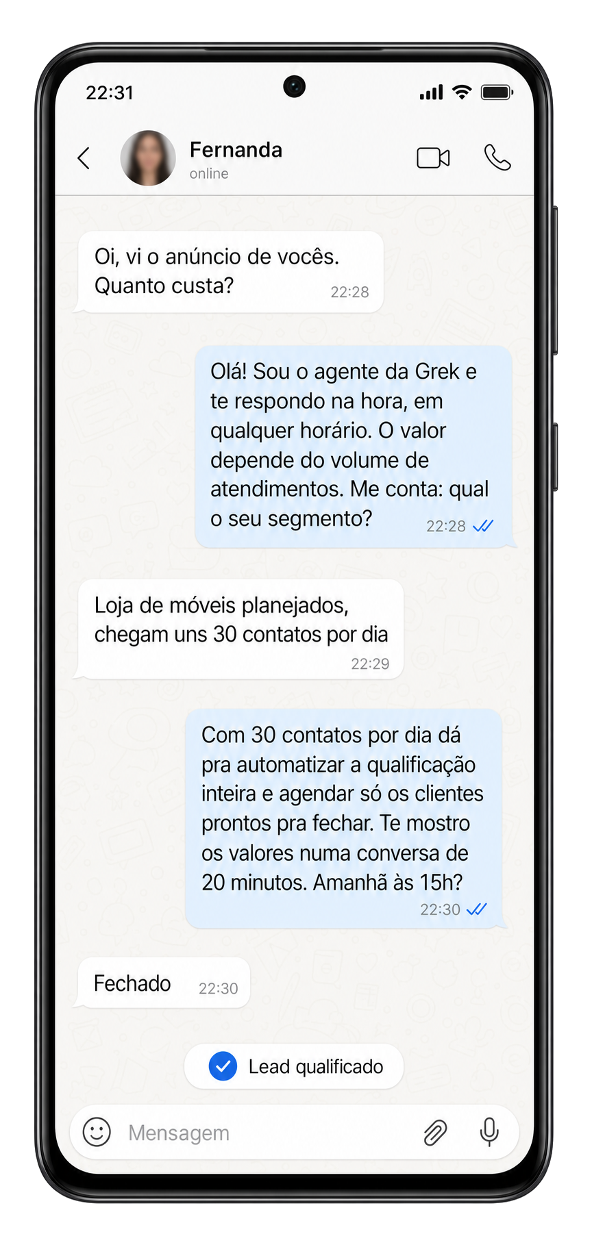 Conversa ilustrativa do Agente de atendimento (SDR/Closer) da Grek