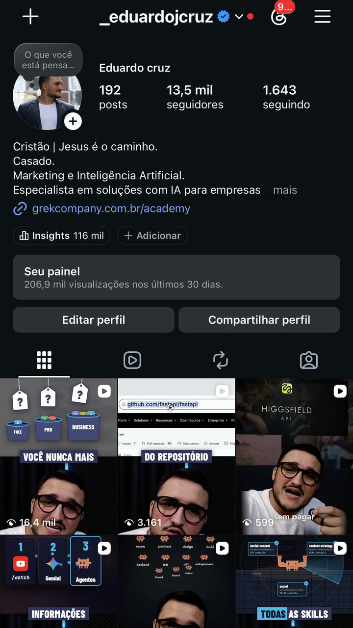 Print do perfil @_eduardojcruz no Instagram: 192 posts, 13,5 mil seguidores e 206,9 mil visualizações nos últimos 30 dias